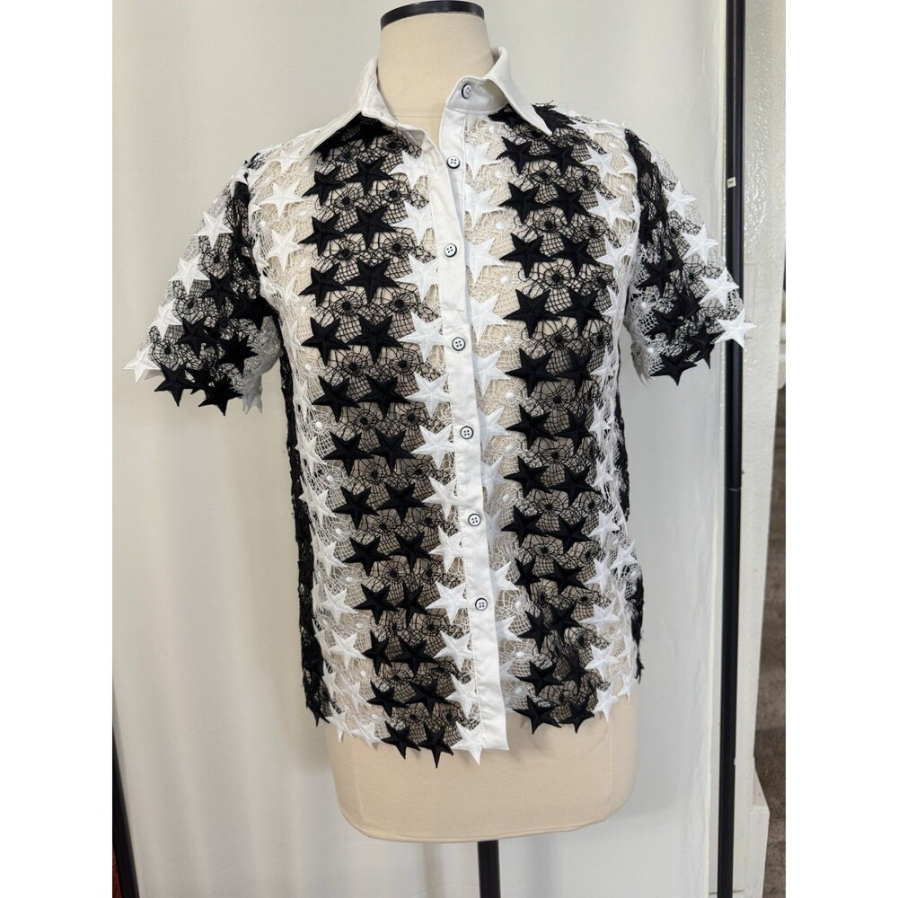 Alberto Makali Star Lace Button Shirt Striped Black White Preppy medium sheer wm